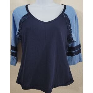 Energie Navy Blue  Light Blue Heathered Raglan 3/4 Sleeves Large Lace Detail